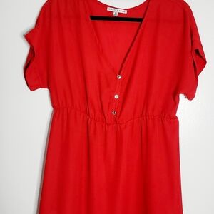 Haute Monde Red V-Neck Blouse Short Sleeve Flowy Top Size M